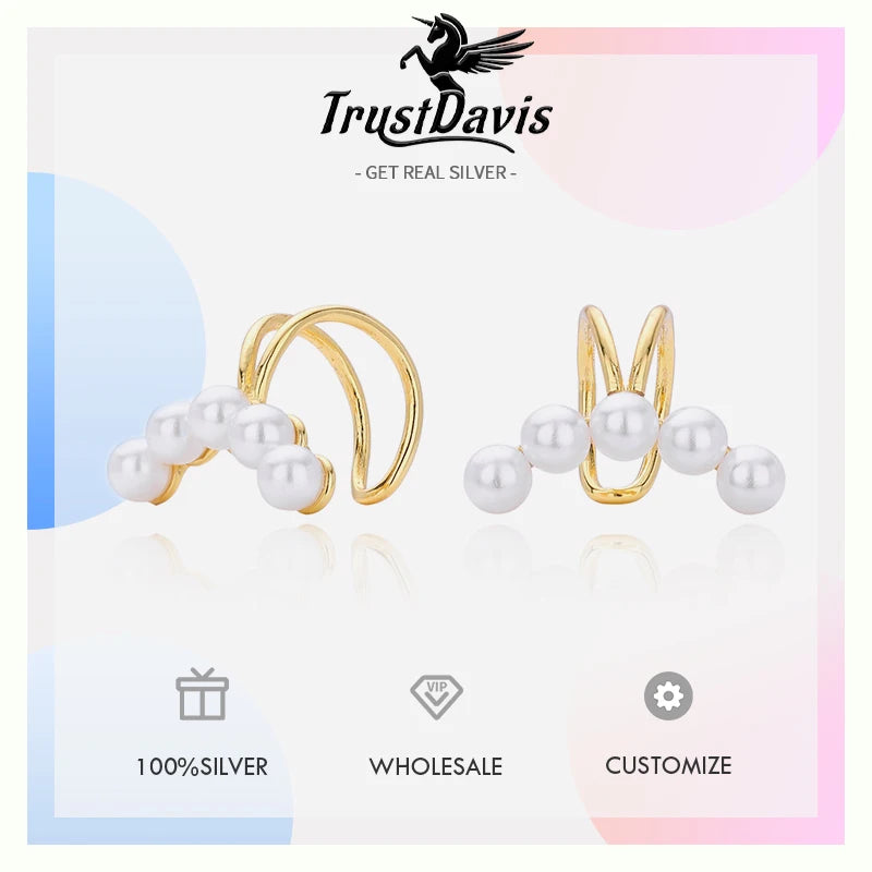 TrustDavis Real 925 Sterling Silver Women's Fashion Simple Pearl Clip Earrings for Women Girls Birthday Gift Fine Jewelry DS4665