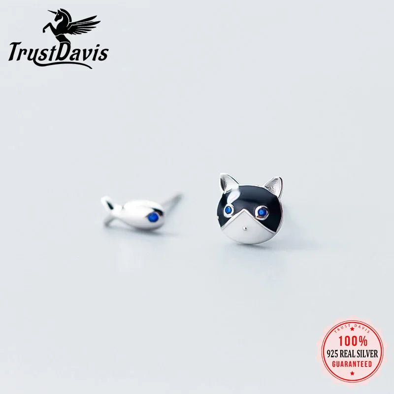 TrustDavis 100% 925 Solid Sterling Silver Women Fashion Cute Tiny Asymmetric Cat Fish Stud Earrings For Daughter Girls DS856