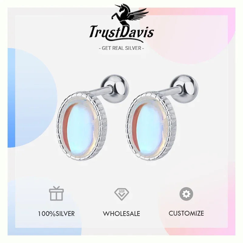 Trustdavis Real 925 Sterling Silver Personality Elliptical Moonlight Stone Earrings Stud Earrings For Women Fine Jewelry DS4066