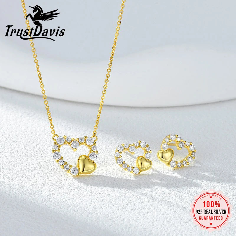 TrustDavis 925 Sterling Silver Women's Fashion Zircon Heart Hollow Earrings and Necklace Set for Women Girls Jewelry Gift DS4432