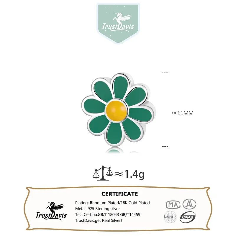 TrustDavis Real 925 Sterling Silver Fashion Cute Pink Green Flower Handmade DIY Necklace Bracelet Accessories Fine Jewelry HY865