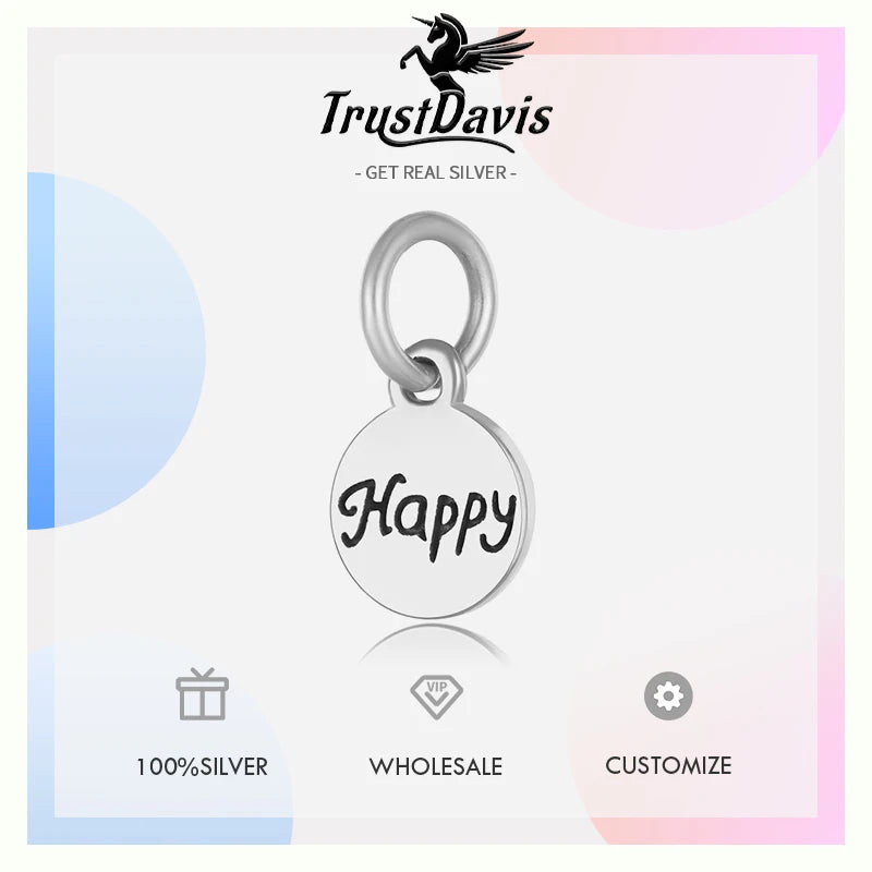 TrustDavis  Real 925 Sterling Silver Fashion Sweet Wafer Happy Charm Pendant Handmade DIY Accessories Jewelry Wholesale DZ105