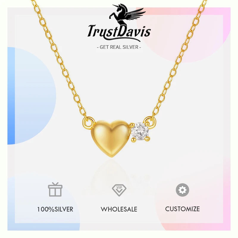 TrustDavis Real 925 Sterling Silver Fashion Simple Heart-shaped Zircon Necklace for Women Girls Gift Fine Jewelry DS4740