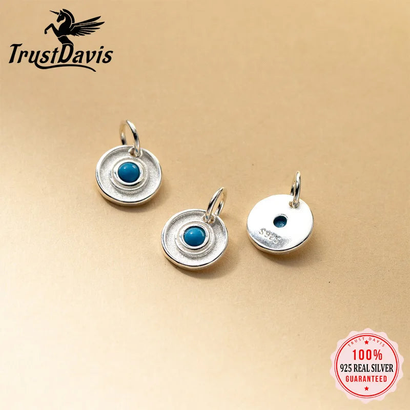 TrustDavis 925 Sterling Silver Fashion Classic Round Turquoise Pendant DIY Necklace Bracelet Accessories Fine Jewelry DZ1839