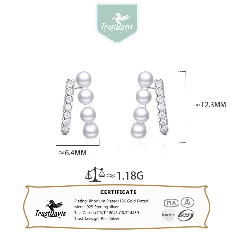 TrustDavis 925 Sterling Silver Women's Fashion and Simple Pearl Inlaid Zircon Earrings for Women Girls Jewelry Gift DS4264