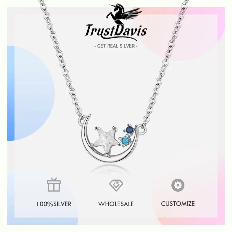 TrustDavis 925 Sterling Silver Women's Fashion Star and Moon Colored Zircon Pendant Necklace for Women Girls Jewelry Gift DS4436