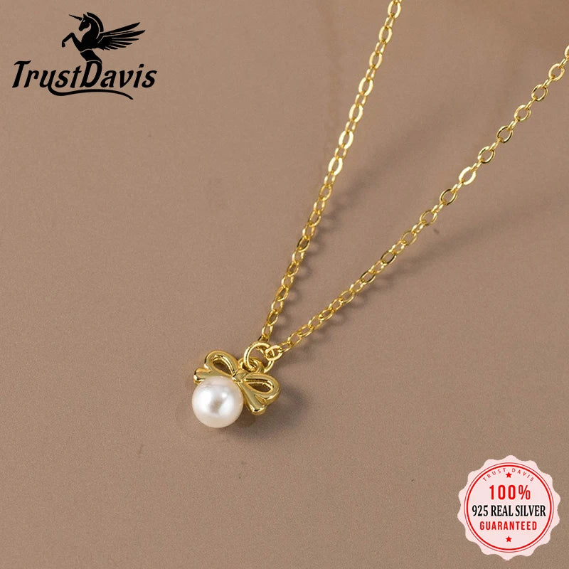 TrustDavis Real 925 Sterling Silver Fashion Personality Pearl Bow Necklace for Women Wedding Party S925 Jewelry DA1630