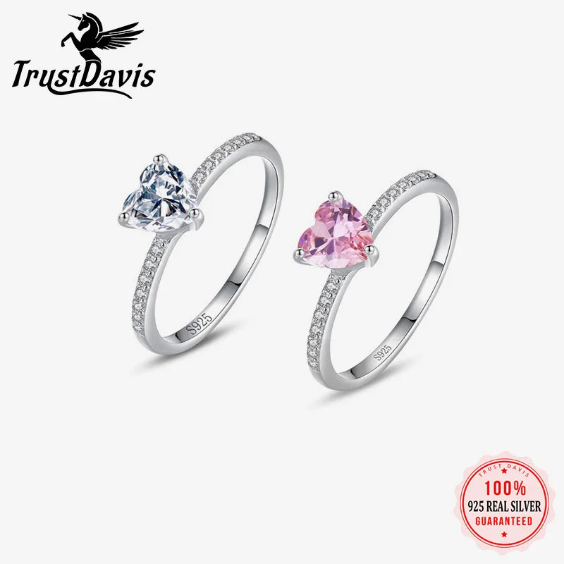TrustDavis Plata de Ley 925 auténtica anillo de corazón de circón rosa a la moda para mujer joyería de regalo de compromiso de boda DS4239