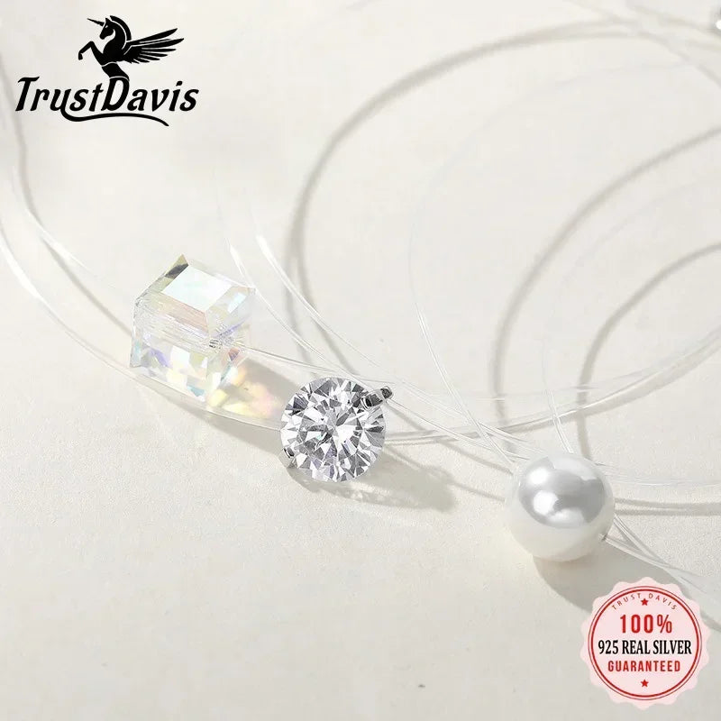 TrustDavis Real 925 Sterling Silver Fashion Fish Line Pearl Zircon Charm Pendant Handmade DIY Accessories Fine Jewelry DZ1711