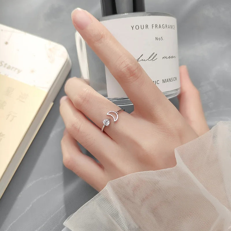 TrustDavis Real 925 Sterling Silver Ring Fashion Sweet Moon Shiny CZ Opening Rings For Women Teen Girls Lady's Jewelry DS1049