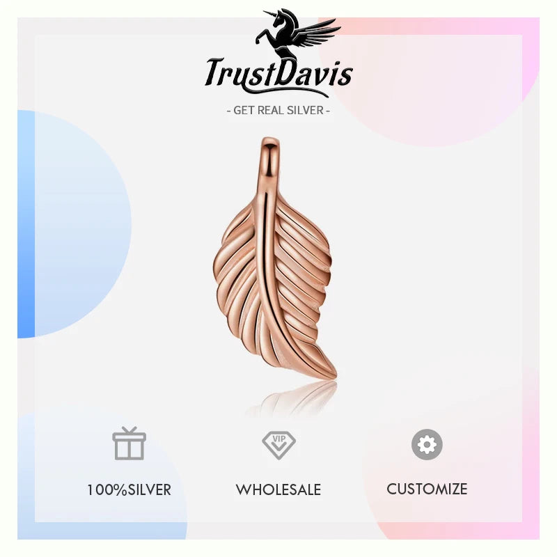 TrustDavis Real 925 Sterling Silver Vintage Leaf Feather Charm Pendant for Women Kids Handmade DIY Accessories Jewelry DH0049