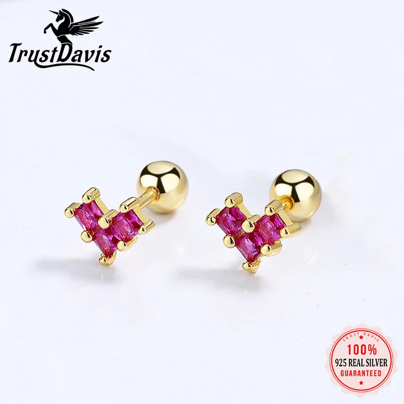 TrustDavis Real 925 Sterling Silver Heart CZ Beads Screw Stud Earring For Women Wedding Anniversary Fine Original Jewelry DA2783