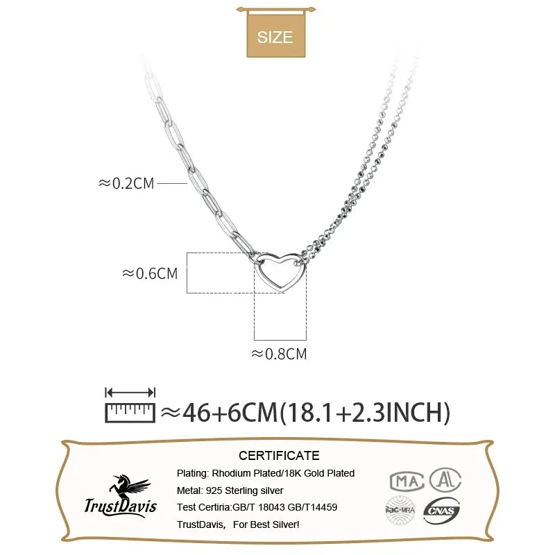 TrustDavis Real 925 Sterling Silver Necklace Heart Beads Chain Necklace For Women Daughter Birthday Gift Fine Jewelry DA2918