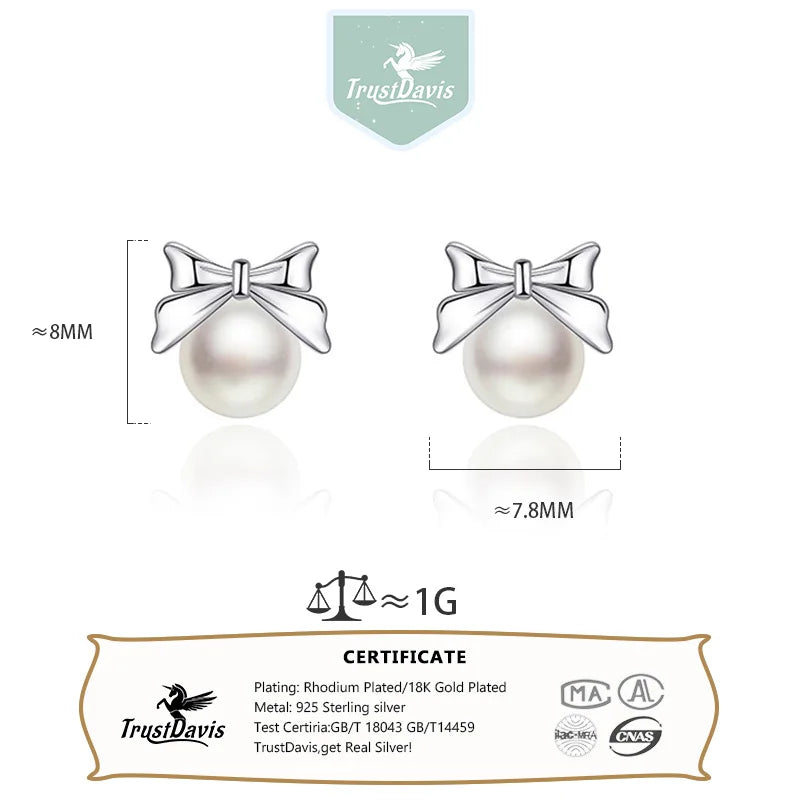 Trustdavis Real 925 Sterling Silver Fashion Classic Pearl Round Stud Earrings for Women Gift Birthday Present Jewelry  DS4008