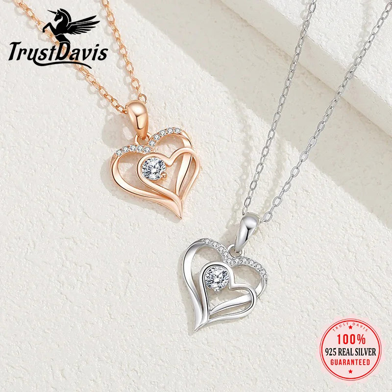 TrustDavis 925 Sterling Silver Heart-shaped Necklace Double Heart Necklace with CZ for Mother's Day Birthday Gift Jewelry DS4201