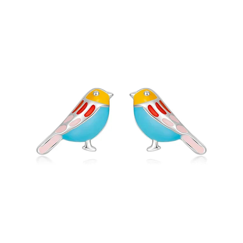 Trustdavis 100% 925 Sterling Silver Women's Jewelry Fashion Cute Color Birds Stud Earrings For Women Daughter Girls Gift DA303
