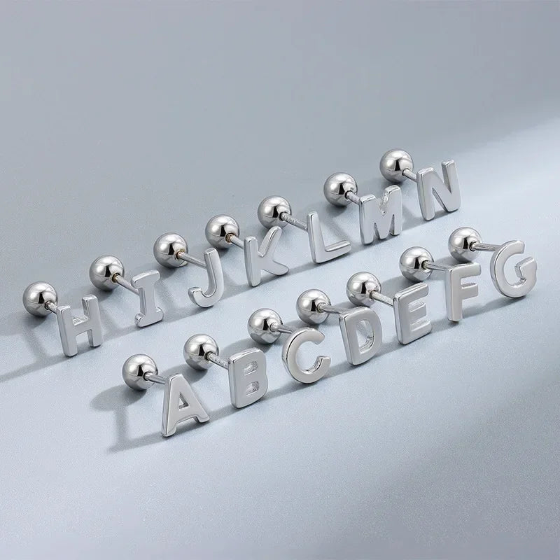 TrustDavis Real 925 Sterling Silver Stud Earrings 26 Letter CZ Screw Beads For Women Children Baby Minimalist Jewelry DA2559