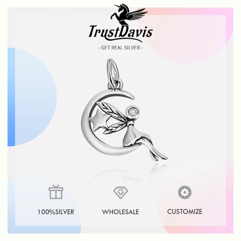 TrustDavis Real 925 Sterling Silver Retro Star Moon Fairy Charm Pendant Handmade DIY Accessories Fine Jewelry Wholesale DZ1735