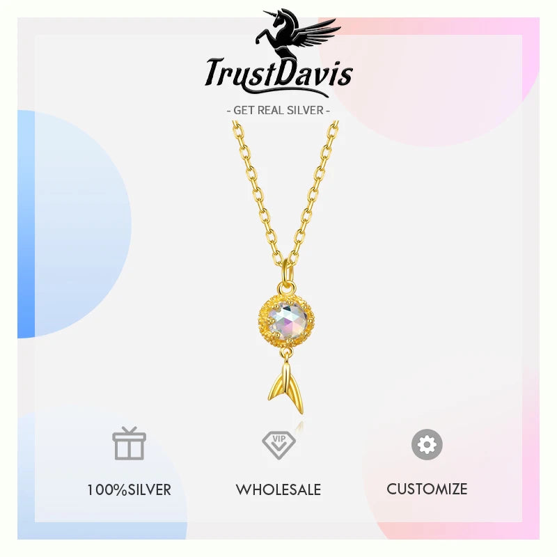 Trustdavis Genuine 925 Sterling Silver Fashion  Mermaid Tail Rainbow Gem Short Necklace for Women Wedding Jewelry Gift DS4130
