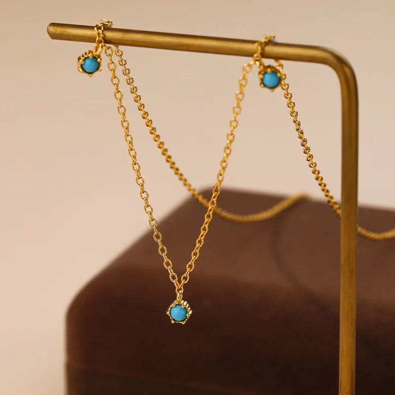 TrustDavis 925 Sterling Silver Women's Simple Vintage Turquoise Pendant Clavicle Necklace for Women Girls Jewelry Gift DS4333