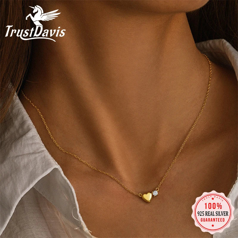 TrustDavis Real 925 Sterling Silver Fashion Simple Heart-shaped Zircon Necklace for Women Girls Gift Fine Jewelry DS4740