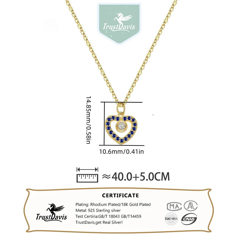 TrustDavis 925 Sterling Silver Women's  Fashion Simple Multicolor Heart Pendant Necklace for Women Girls Jewelry Gift DS4660