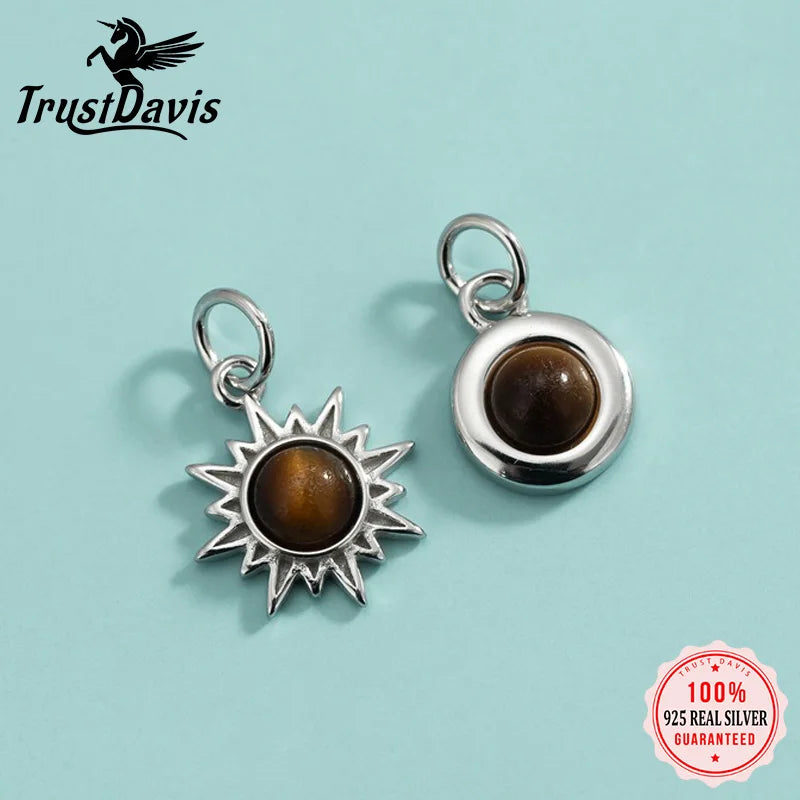 TrustDavis Real 925 Sterling Silver Tiger Eye Stone Sun Charm Pendant Handmade DIY Accessories Fine Jewelry Wholesale DZ1738