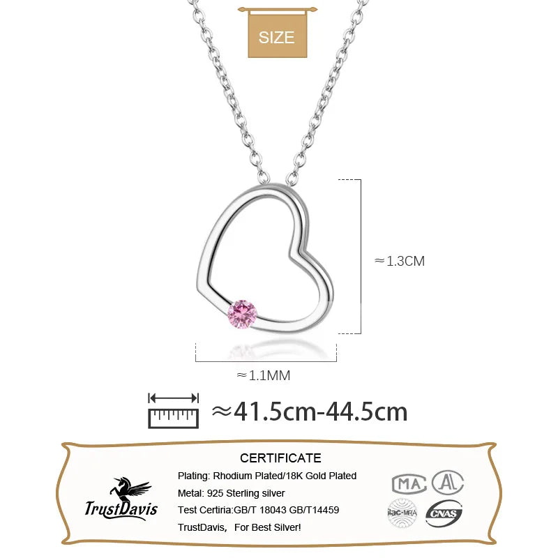 Trustdavis Real 925 Sterling Silver Romantic Heart White Pink CZ Clavicle Necklace For Women Wedding Party Fine Jewelry DS1092