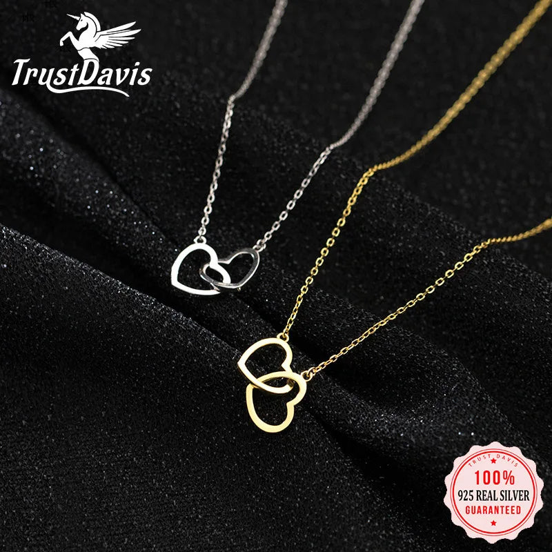 TrustDavis Real 925 Sterling Silver Fashion Romantic Double Heart Necklace For Women Wedding Valentine's Day Fine Jewelry DB286