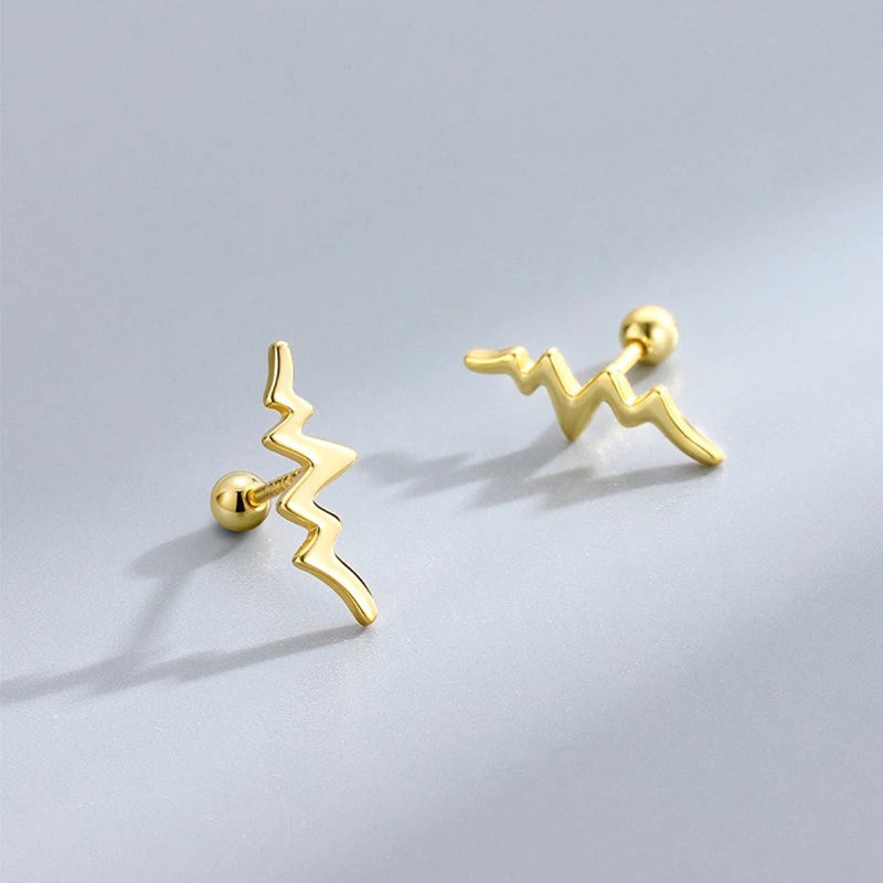 TrustDavis 925 Sterling Silver Women's Fashion Simple Smooth Heartbeat Line Screw Earrings for Women Girls Jewelry Gift DS4300