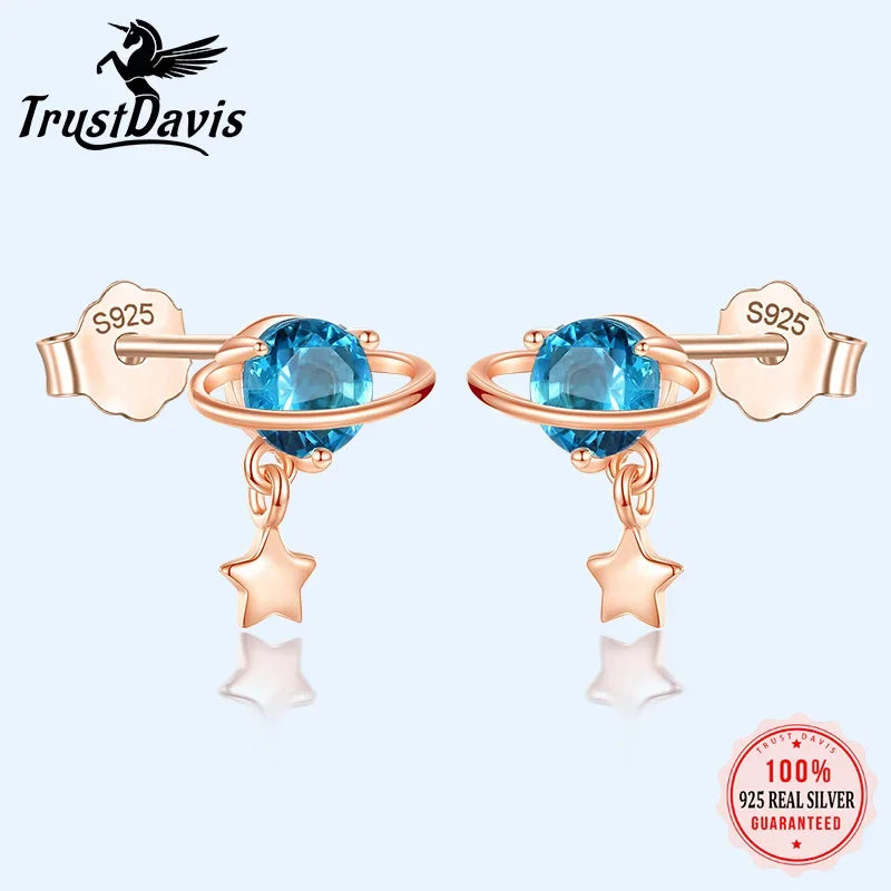 Black CZ Stone Star Planet Stud Earrings DA788