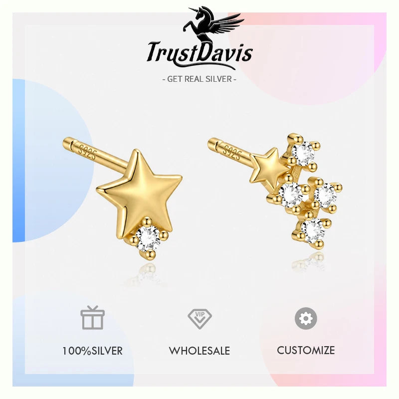Real 925 Sterling Silver Asymmetrical Star Stud Earrings DS4957