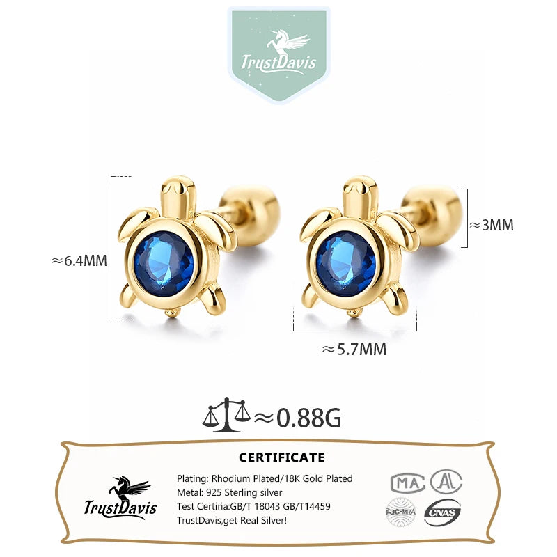 Turtle Earrings Cute Sea Turtle Blue Cubic Zircon Screw Earrings DS4993