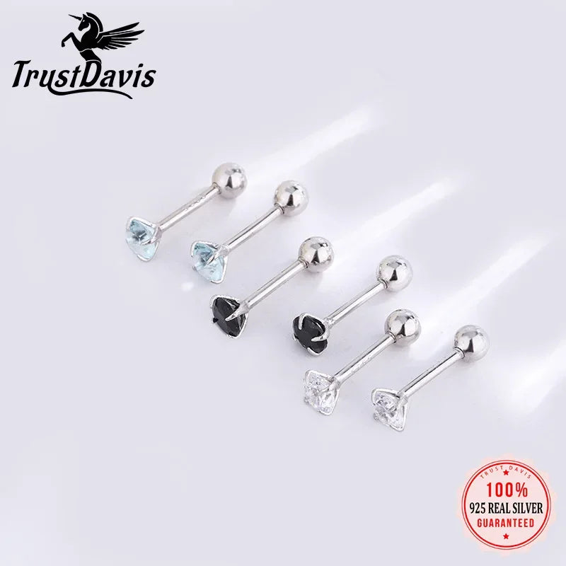 TrustDavis Real 925 Sterling Silver Black/Blue/White CZ Screw Stud Earrings For Women Children Baby Minimalist Jewelry DB1413
