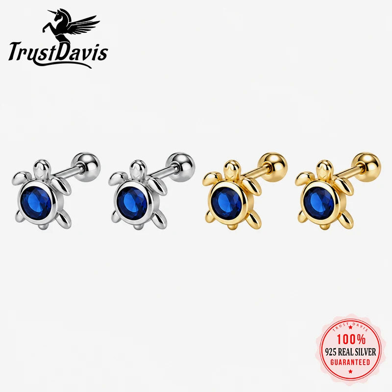 Turtle Earrings Cute Sea Turtle Blue Cubic Zircon Screw Earrings DS4993