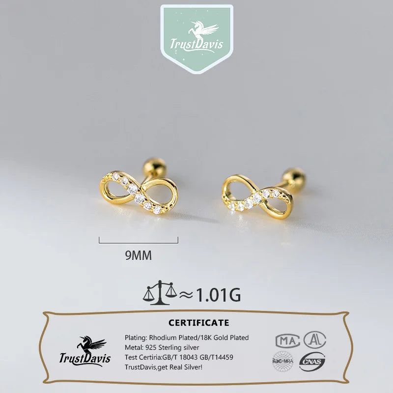 TrustDavis 925 Sterling Silver Women's Fashion Simple Zirconia Infinity Stud Earrings for Women Girls Jewelry Gift DS4651