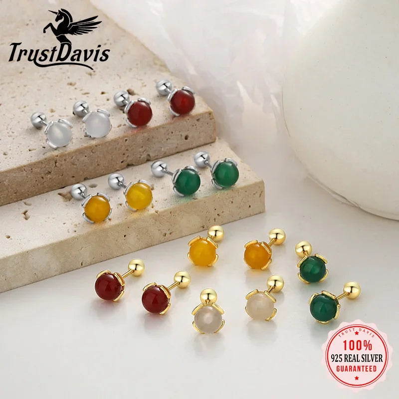 TrustDavis Real 925 Sterling Silver Agate Round Bead Screw Stud Earrings for Women Girls Minimalist Fine Jewelry DS4103
