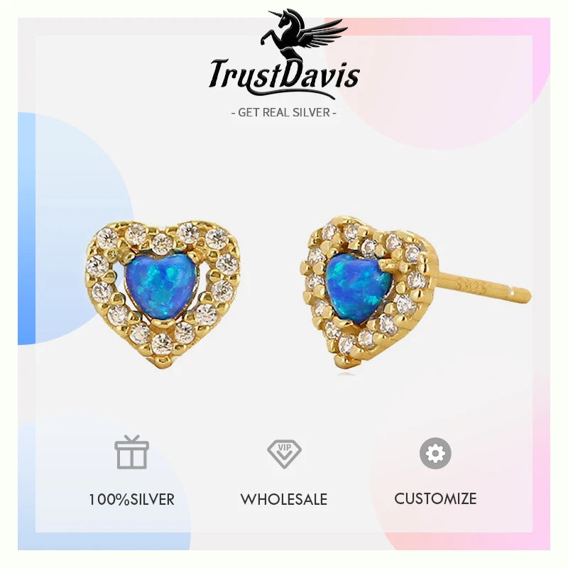 TrustDavis 925 Sterling Silver Women's Fashion Simple Opal Heart Zirconia Earring for Women Girls Birthdays Jewelry Gift  DS4697