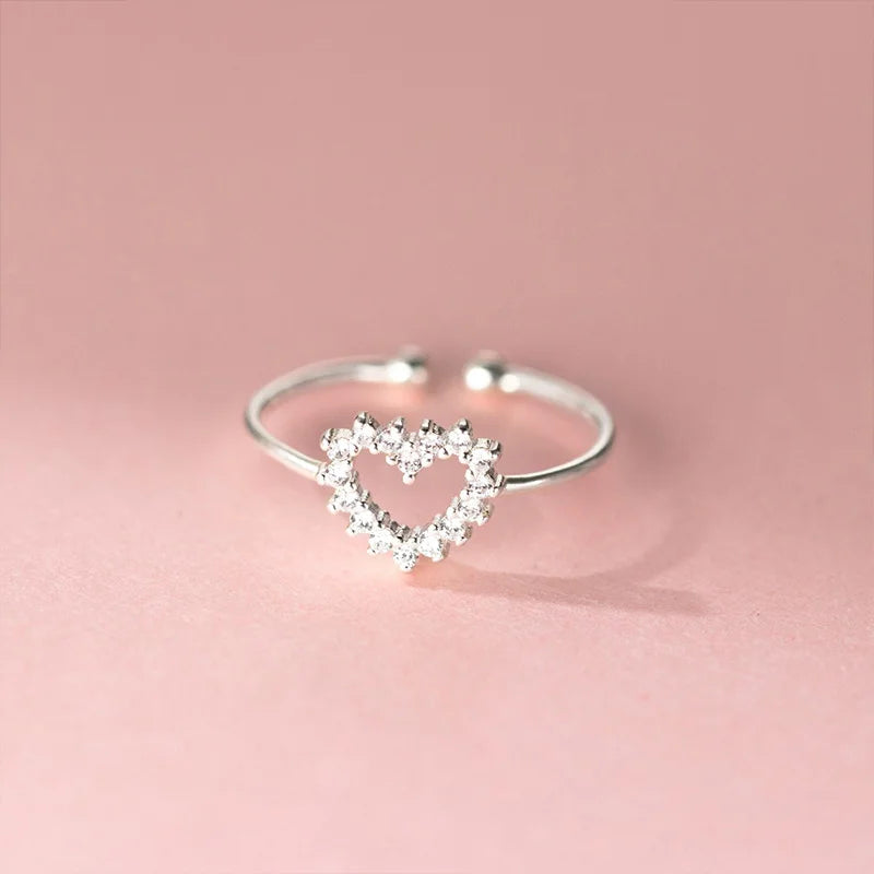 Heart-shaped Zircon Silver Open Ring DS4866