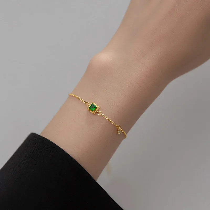 Real 925 Sterling Silver Fashion 18K Gold Square Shiny Zircon Bracelet DG0106