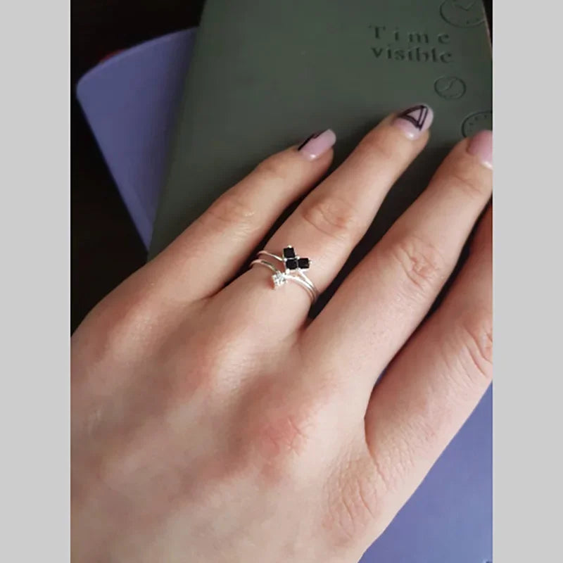 Trustdavis 925 Sterling Silver High Quality Heart Black White CZ Opening Ring Sizable For Women Girl Wife Birthday Present DS927