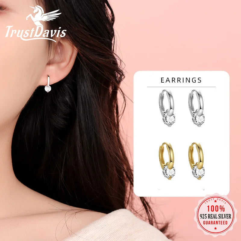 Pendientes TrustDavis Plata de Ley 925 auténtica a la moda para mujer, pendientes redondos simples de circonia para mujer y niña, joyería de regalo DS4235