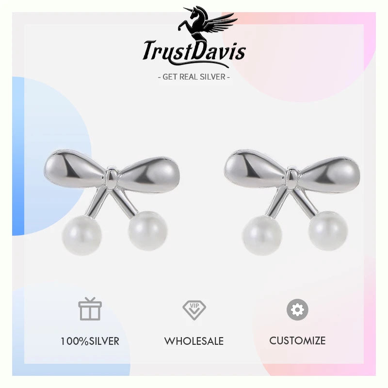 TrustDavis 925 Sterling Silver Women's Pearl Earrings Fashion Sweet Cherry Pearl Earrings for Women Girls Jewelry Gift DS4377