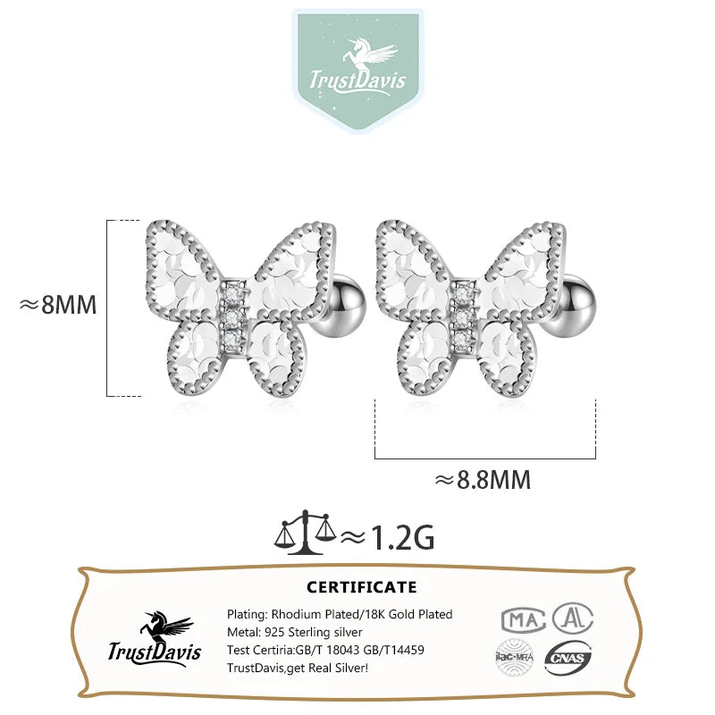 Trustdavis Real 925 Sterling Silver Sweet Fashion Butterfly Stud Earrings Women Girls Birthday Party Gift Jewelry DS4137