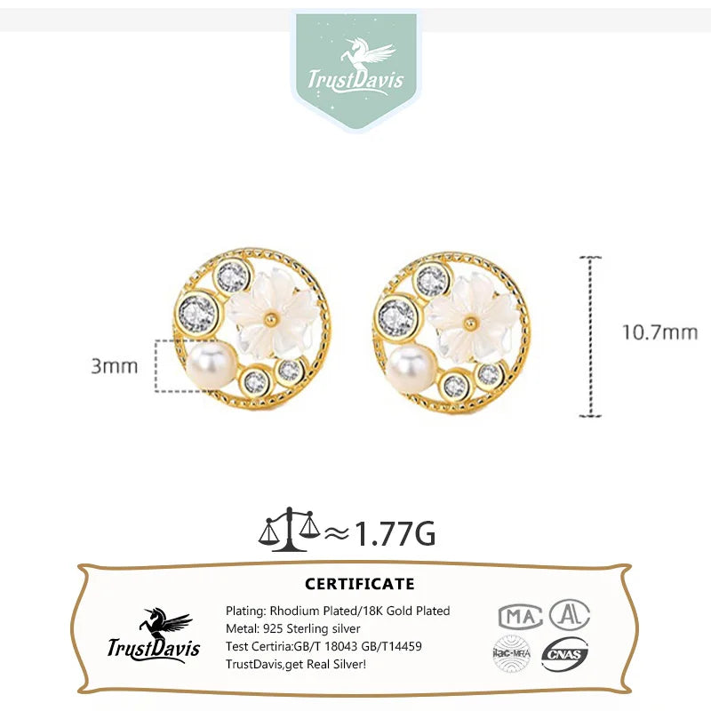 TrustDavis 925 Sterling Silver Women's Fashion Sweet Circle Sakura Pearl Earrings for Women Girls Jewelry Gift DS4369