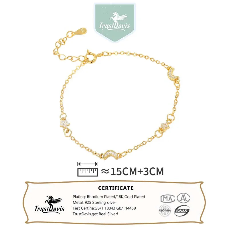 TrustDavis Genuine 925 Sterling Silver Fashion Trendy Star Moon Zircon Bracelet For Women Lady Girls Wedding Jewelry Gift DS4513