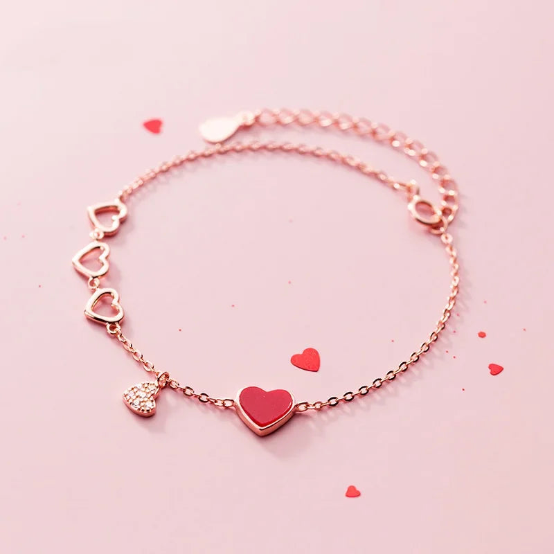 TrustDavis Genuine 925 Sterling Silver Sweet Hollow Love Red Heart CZ Bracelet Bangle For Women Sterling Silver Jewelry DA813
