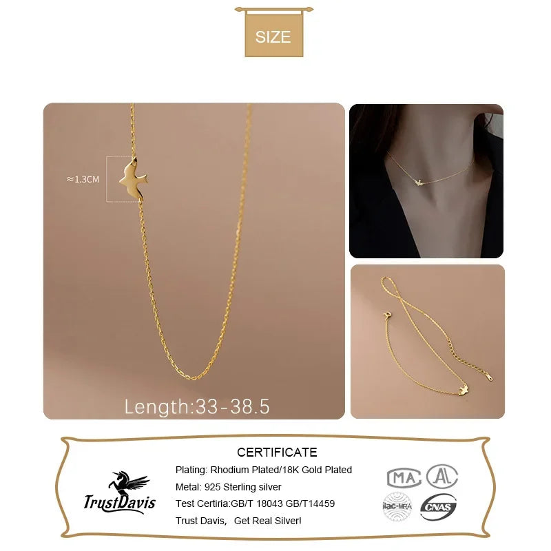TrustDavis Real 925 Sterling Silver Necklace For Women Gold Animal Bird Wedding Valentine's Day 925 Necklace Jewelry Gift DA2834