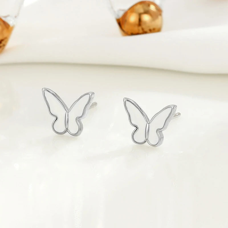 TrustDavis Real 925 Sterling Silver Women's Fashion Simple Epoxy White Butterfly Earrings for Women Girls Jewelry Gifts DS4254