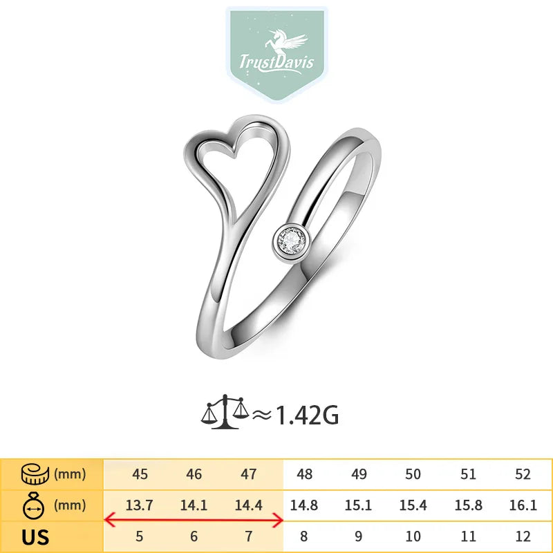 TrustDavis Real 925 Sterling Silver Women's Fashion Simple Hollow Heart-shaped Open Ring for Women Girl Jewelry Gift DS4255